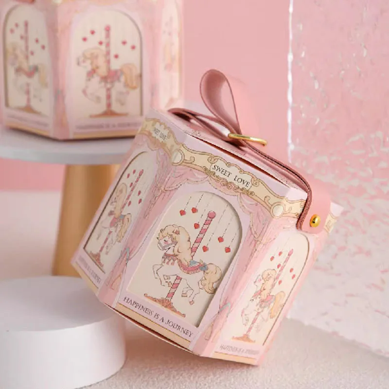 1PC Carousel Print Hexagon Gift Bag with Leather Handle Pink Blue Candy Box Sweet Design DIY Wedding Birthday Day Party Supplies