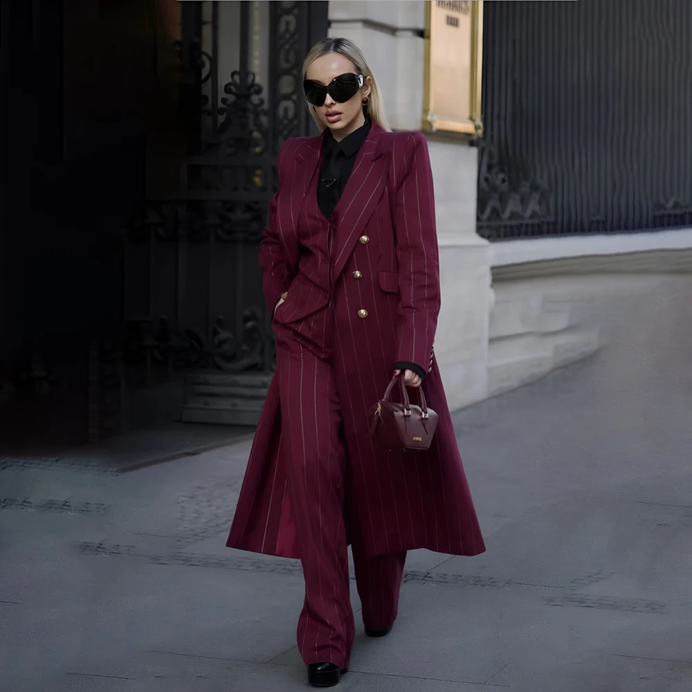 

Женский бордовый костюм в полоску, элегантный двубортный деловой наряд, повседневный повседневный костюм из трех предметов (длинный пиджак + жилет + брюки)