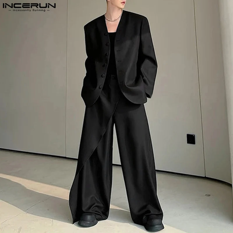 

INCEURN Мужские комплекты Сплошной цвет Комплекты из двух предметов Корейский стиль Модный пиджак с длинными рукавами и брюки Свободная уличная одежда Модные мужские костюмы