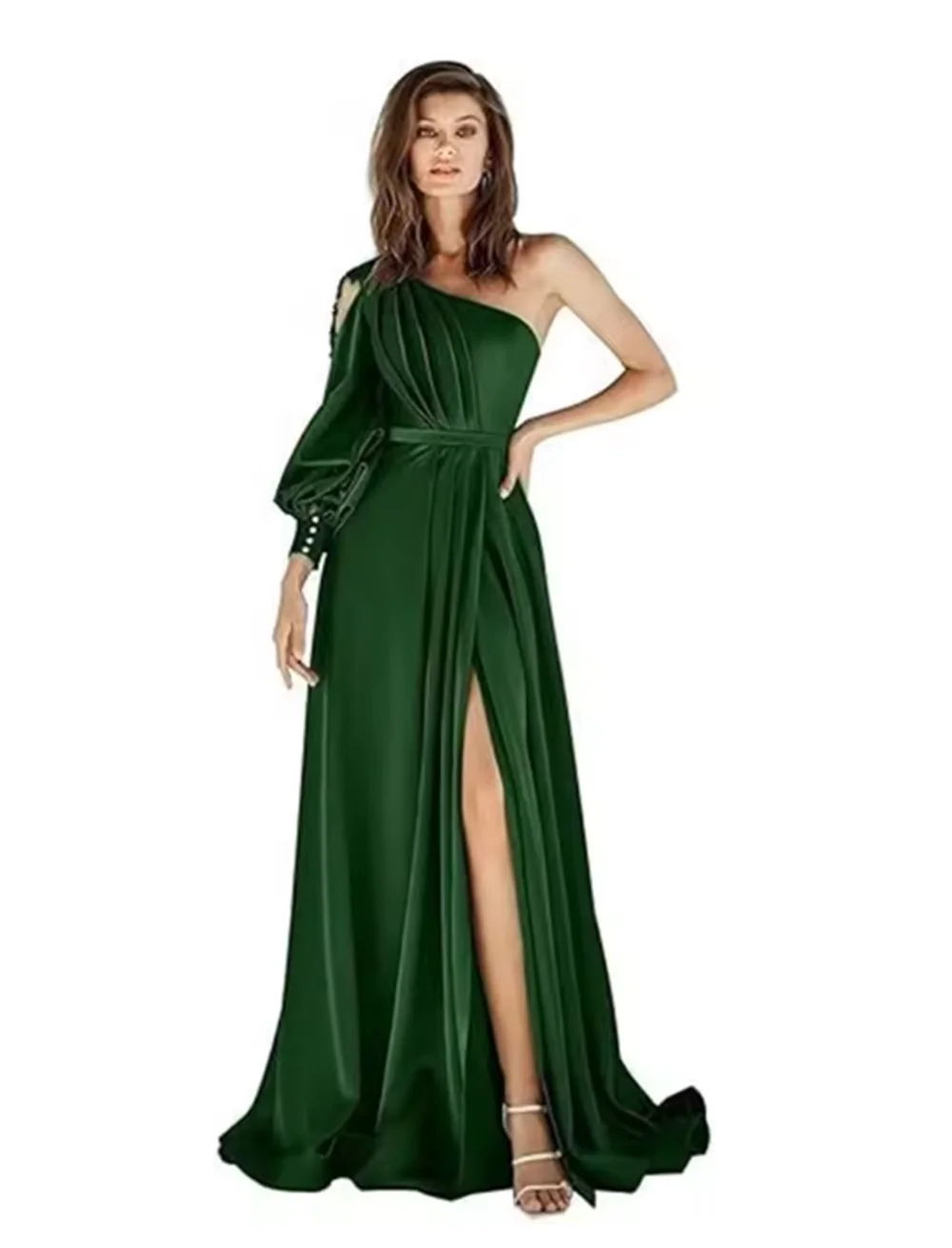 ชุดราตรีหรูหราแบบสั่งตัดสำหรับผู้หญิง ชุดเดรสออกงานแขนยาวแบบไหล่เดียว ทรงเอไลน์ยาวกรอมพื้น ผ่าข้าง ชุดราตรีงานพรอม