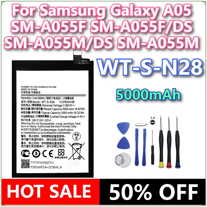 

Совершенно новый аккумулятор для мобильного телефона WT-S-N28 5000 мАч для Samsung Galaxy A05 SM-AO55F SM-A055F/DS SM-A055M/DS SM-A055M + инструменты
