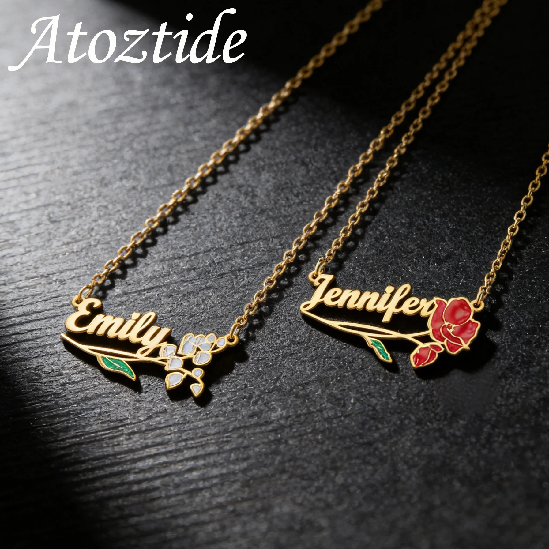 Atoztide Custom Name Necklace for Women with UV Print Color Flower Stainless Steel Jewelry Chain Personalized Birthday Gift
