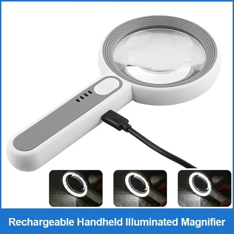 Rechargeable Handheld Magnifier 3 LED Lighting Modes Illuminated Reading Glass For Seniors Low Vision Repair Inspection Tool
