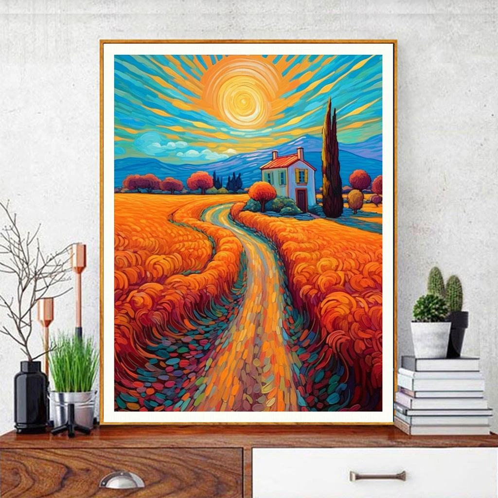 Un kit de punto de cruz de paisaje campestre, paquete de material de bordado impreso hecho a mano para entusiastas, hermoso patrón de pintura de paisaje de campo de puesta de sol