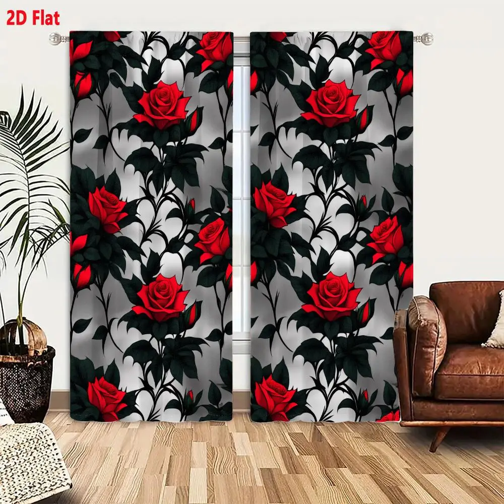 2Pcs Curtains 2D Flat Seamless Pattern With Vibrant Red Roses And Dark Green Leaves On Light Gray Background Window Drapes for B