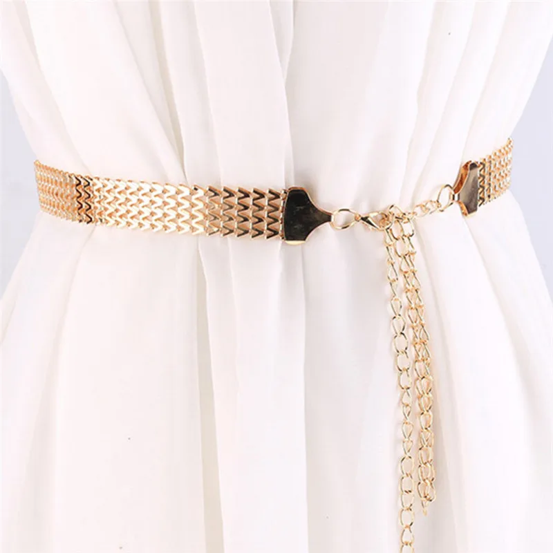 

Fashion Wave Metal Waist Chain Belt Gold Buckle Body Chain Dress Belt