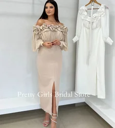Off-Shoulder Robe De Soirée Short Mermaid Evening Gown Customized Silt Formal Party Dress Flowers Puff Sleeves Prom Dresses