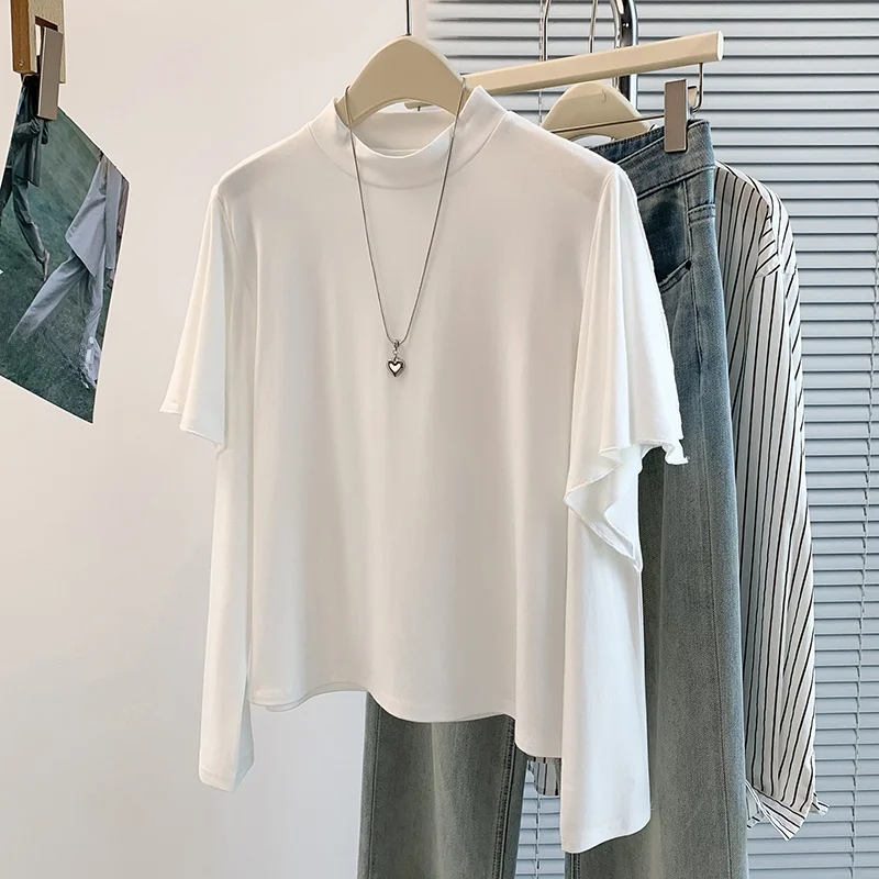 Spring Autumn New Korean Design Sensation Subtle Age Reduction Versatile Base Shirt Irregular T-Shirt Top Button Ladies Cotto...