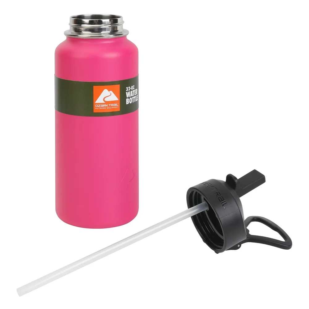 زجاجة مياه معزولة من الفولاذ المقاوم للصدأ سعة 32 أونصة، غطاء واسع للفم، مقبض حمل خالٍ من مادة BPA، وردي ساخن