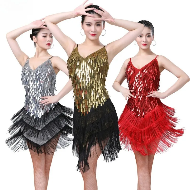 

Sexy Women Sequin Fringe Latin Dance Dress V Neck Sleeveless Cha Cha Samba Tango Performance Costume Dancewear Woman Dresses