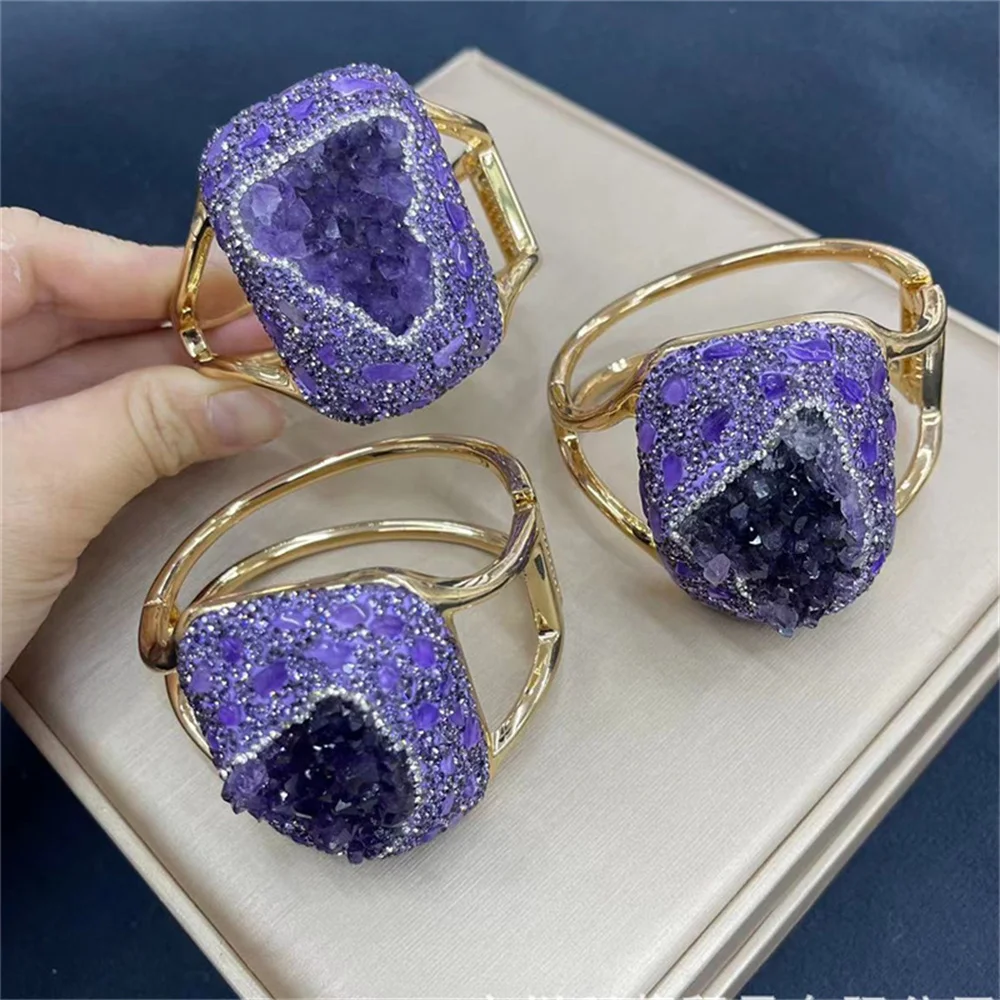 Natural Amethyst Tourmaline Cuff Bracelet Turkish Crystal Quartz Bangles Exquisite Women\'s Banquet Jewelry Party Dress Acces