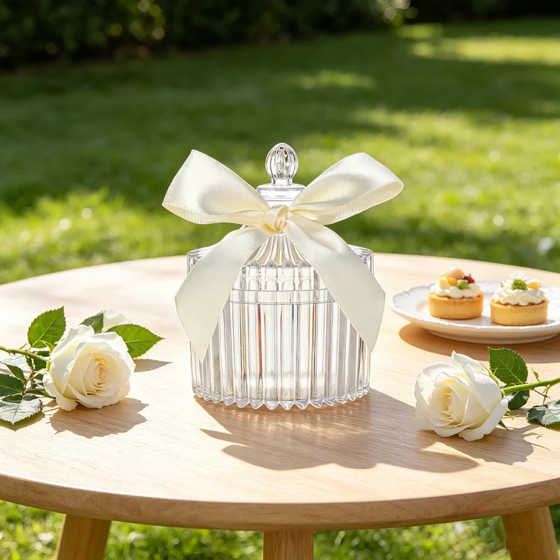 5PCS Ribbon-Decorated Clear Acrylic Decorative Jars with Lids,Vertical Stripe Acrylic Storage Jars,Wedding Favor Gift Containers