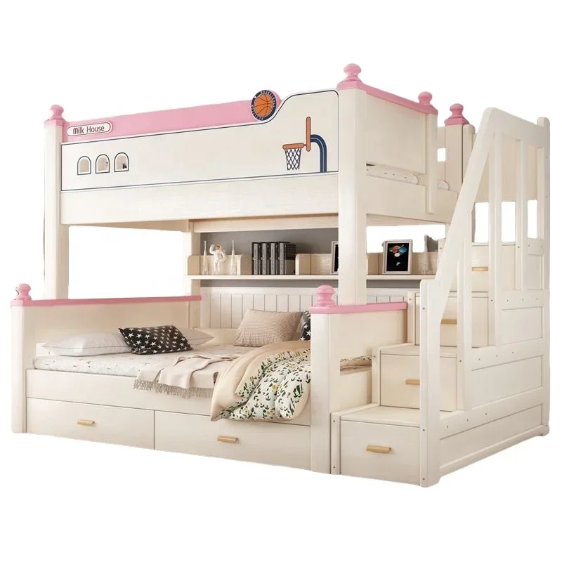 American solid wood bedroom furniture set kids bunk bed double bunk bed with bookshelf and drawer