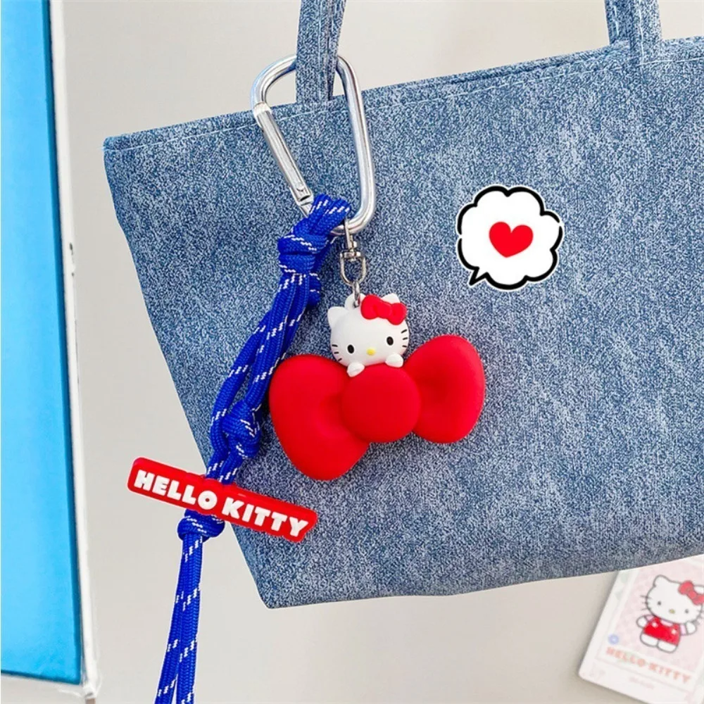 Sanrio Authentic Hello Kitty Denim Bow Series Keychain Cute Bag Pendant Car Key Chain Girl Phone Lanyard Charm Hanging Chain view 2