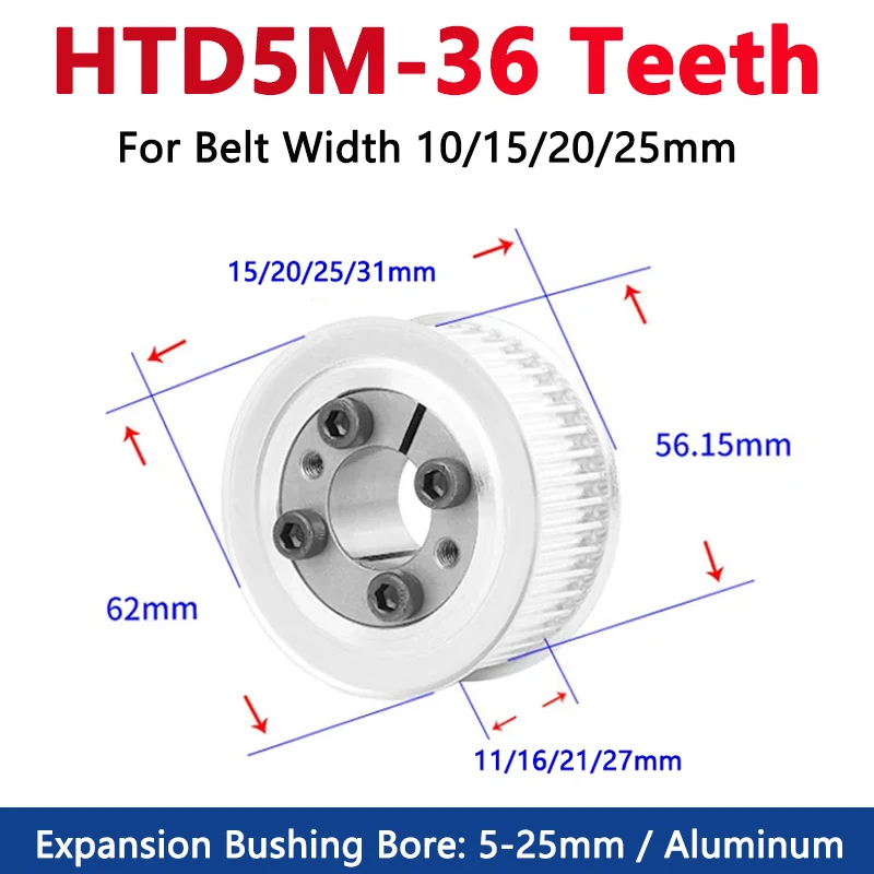 

1pc 36 Teeth HTD5M Keyless Bushing Timing Pulley HTD 5M 36T Expansion Sleeve Synchronous Wheel for Belt Width 10/15/20/25mm