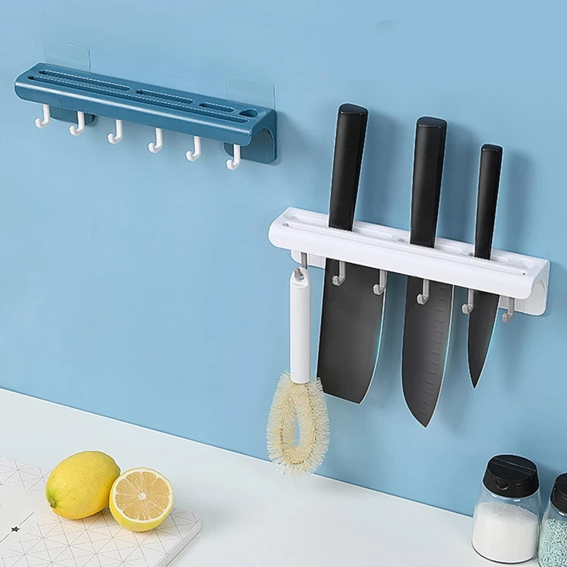 Wall-Mounted Kitchen Rack Knife Holder Storage Shelf With 6 Hooks Cutlery Organizer Household Replacement Parts White