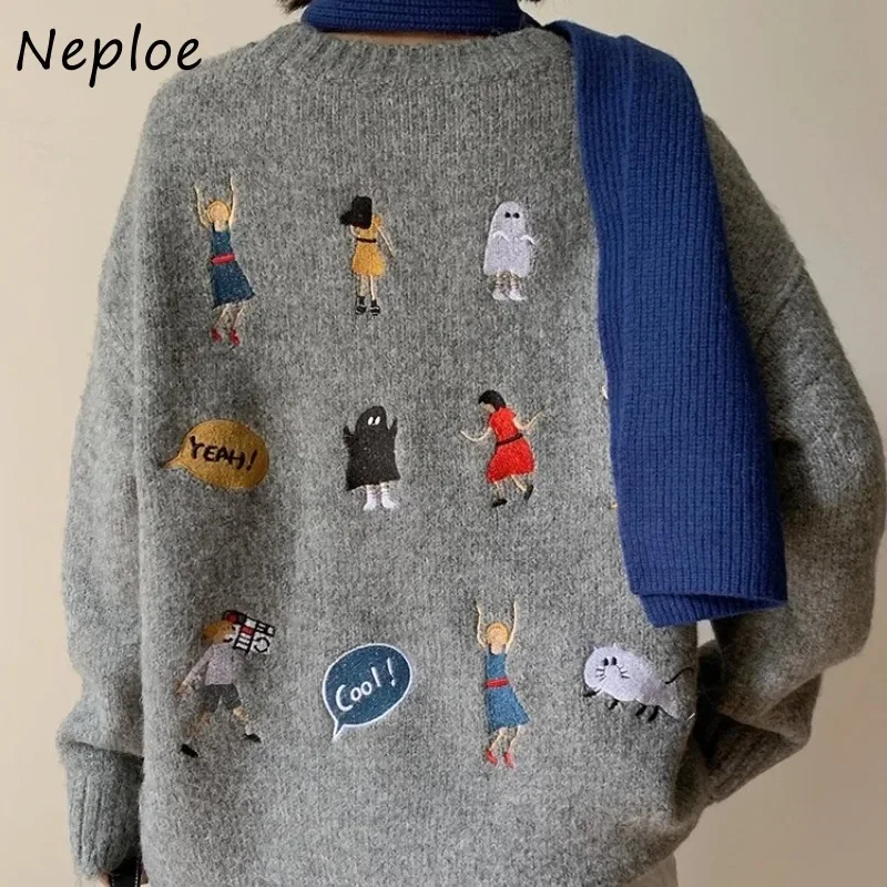 Neploe American Embroidery Soft Sweater for Women 2024 Autumn O-neck Loose Pullovers Y2k Long Sleeve Knitted Tops Mujer