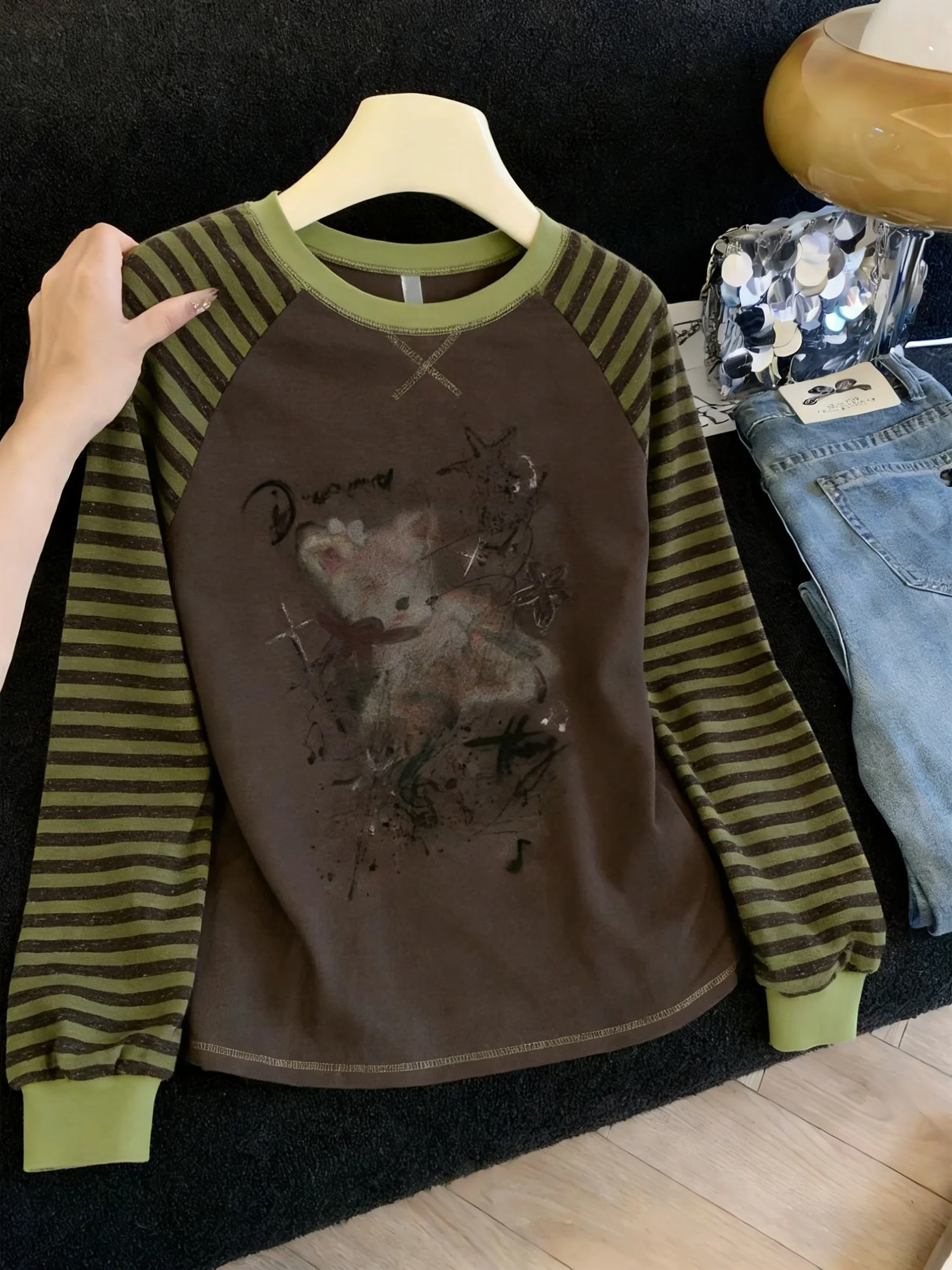 

Korean Sle Patchwork Color Blo Striped oulder Sve Printed Long Sve Sweatirt Women's Spring Autumn Faion Casua...