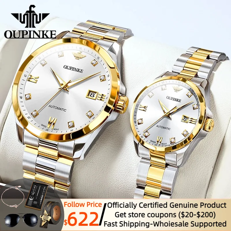 OUPINKE Couple Watches for Men Women Real Diamonds Swiss Movement Sapphire Mirror TOP Luxury Automatic Couple Watches Pair Set