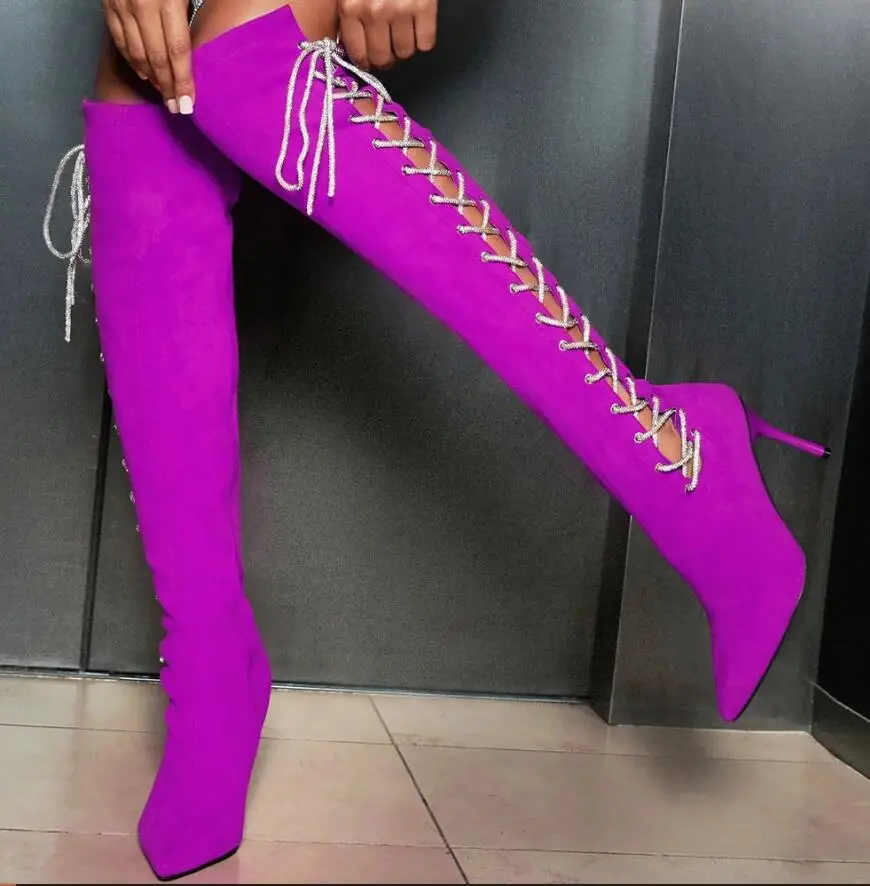 Purple Suede Leather Knee Lace Up Boots Zipper Side Strap Stiletto Heels Women Hollow Out High Heel Pointed Toe Long Boot