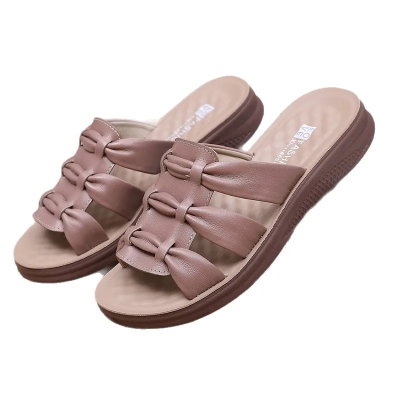 2025 Summer new anti slip cool slippers with thick soled genuine leather for comfortable women's cowhide sandals