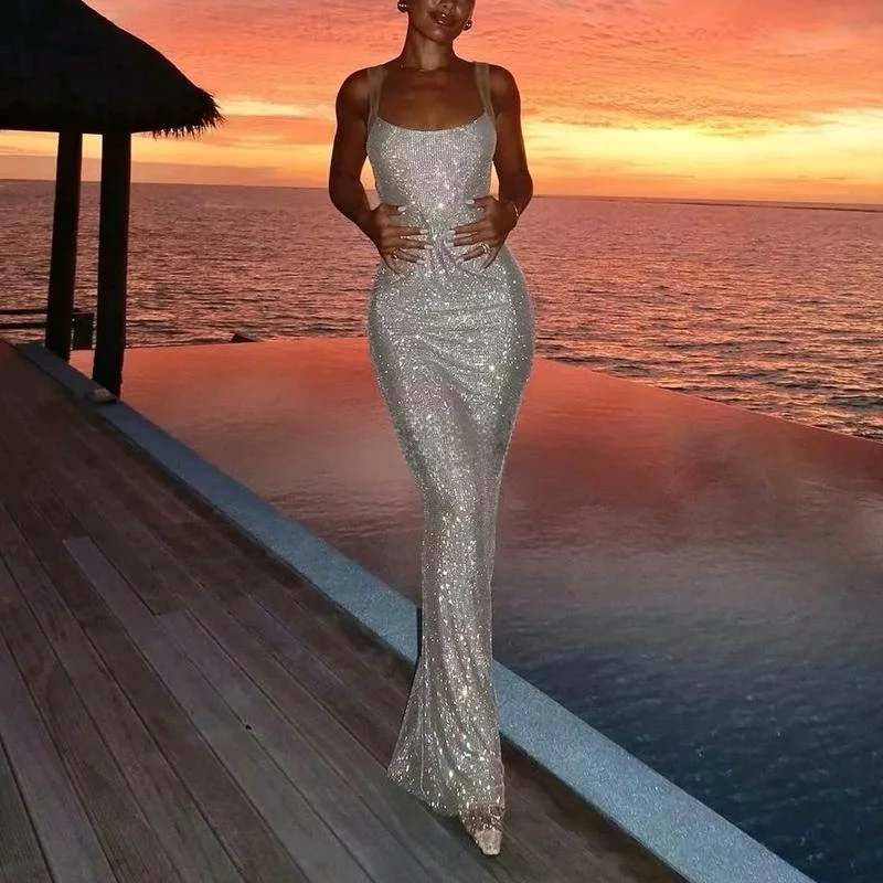 

Spring New Arrival Women's Design Sensation iny Diamond Evening Gown Wrap around Strap Long Dr Commute High Waist Polyes...