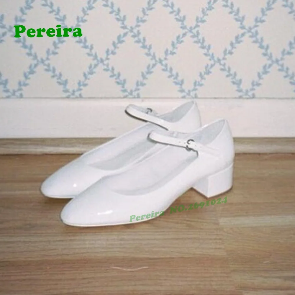 

White Chunky Heels Women's Pumps Round Toe Glossy Buckled Women's Pumps Patent Leather 2025 New Arrival Summer Elegant Shoes