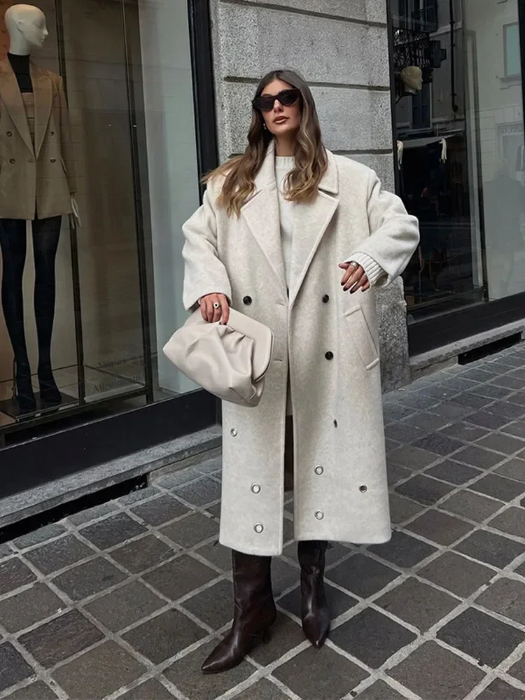 Solid Double Breasted Lapel Wool Blend Overcoat Women Fashion Lapel Long Sleeved Pocket Long Coat 2024 Chic Lady Street Outwear