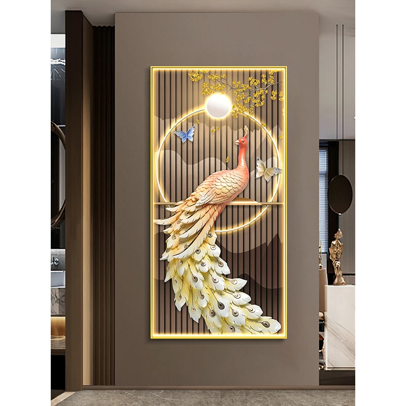 New Chinese Style Luxury Peacock Canvas Painting Wall Art Entrance Decoration Painting Animal Poster for Living Room Porch Decor