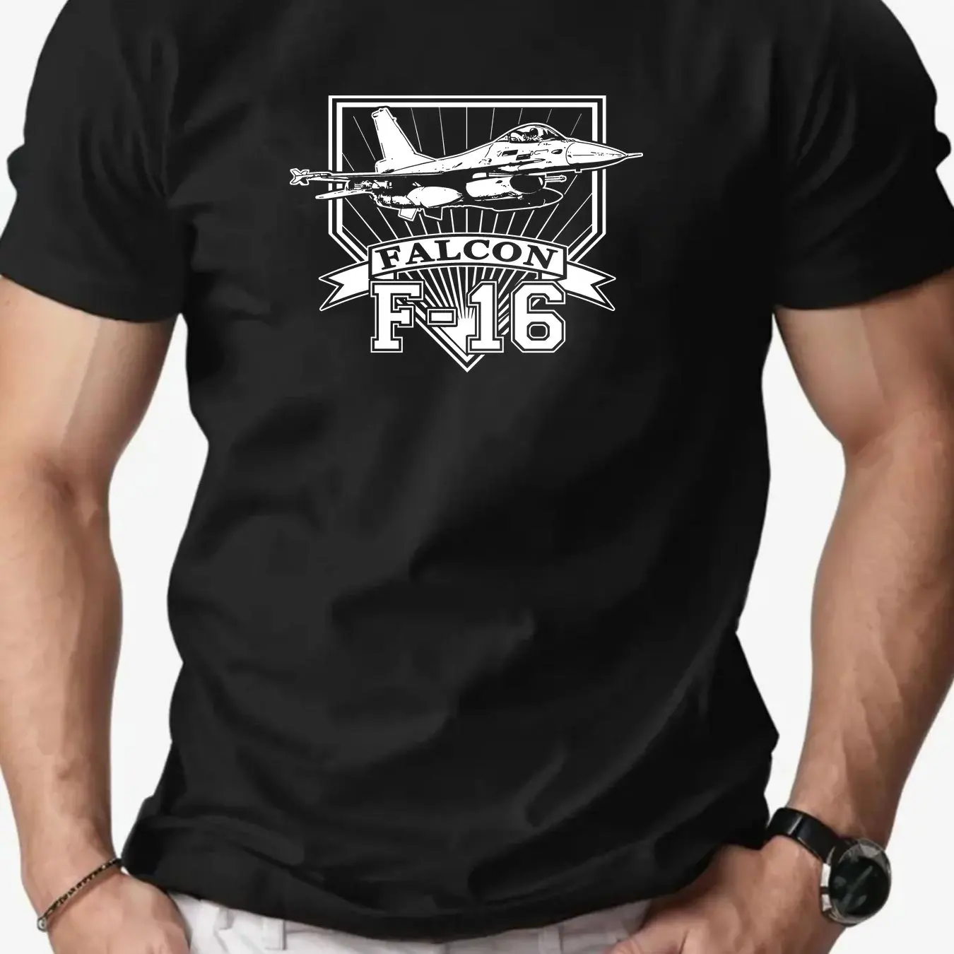 Men Falcon F-16 Fighter Jet Graphic T-Shirt Light Blue Casual Summer Crew Neck Tee Aviation Enthusiast Design Men Clothing
