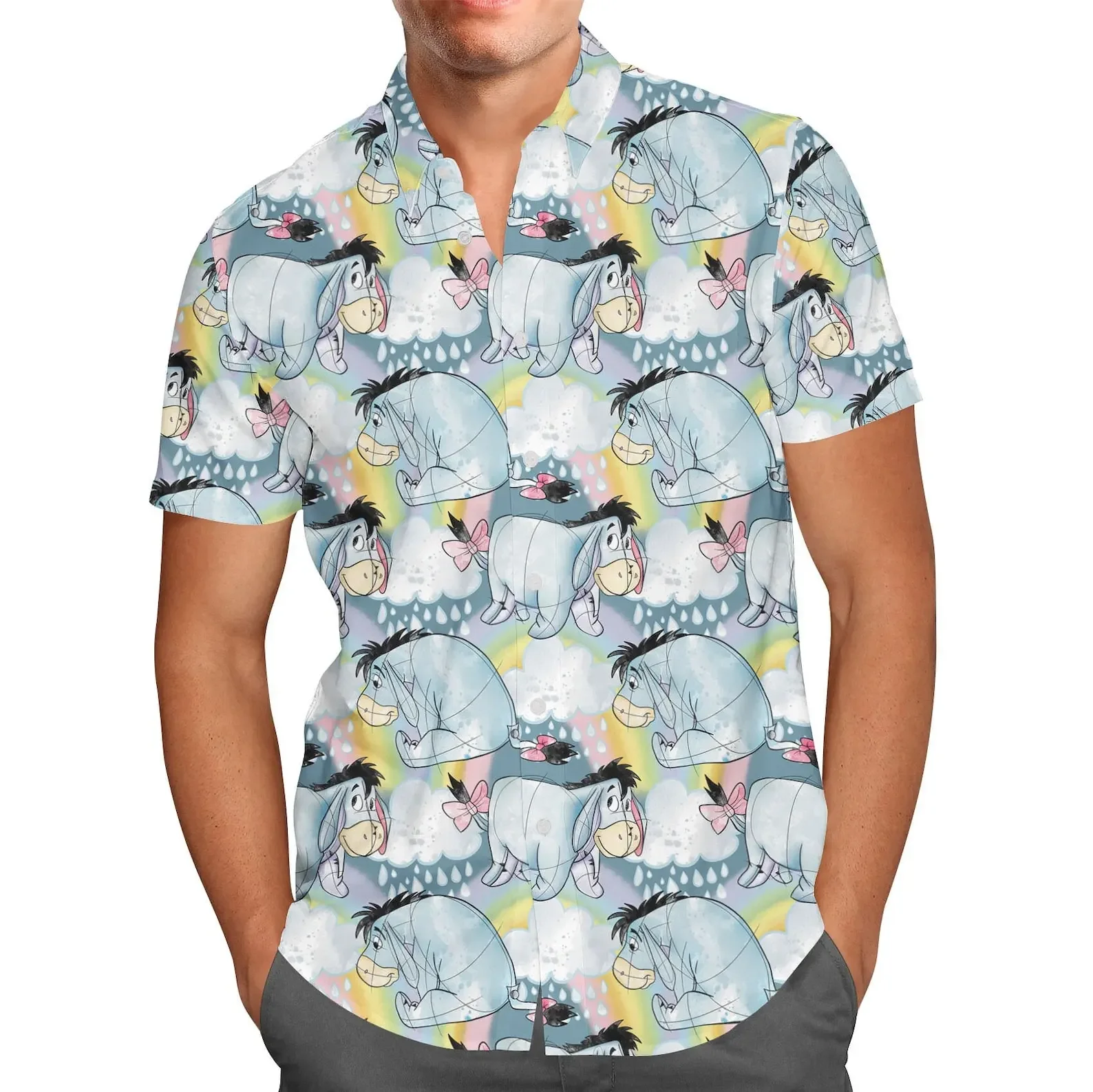 Camisas hawaianas de Disney Eeyore para hombres y mujeres, camisas de manga corta, camisas hawaianas de Disney, camisas de playa informales de