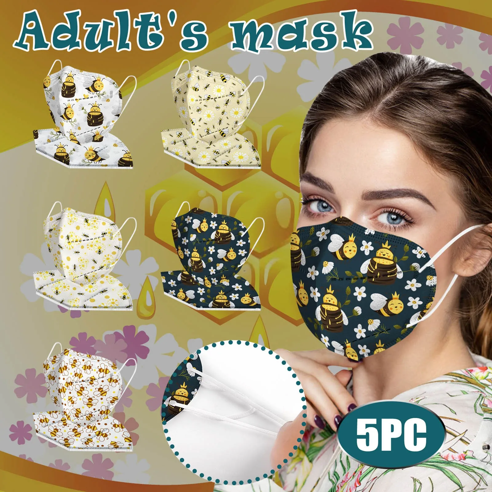 Bee Print Adult Mask 5pc Protective Cover Floral Disposable Respirator Breathable Face Covering Outdoor Daily Comfortable Use T1