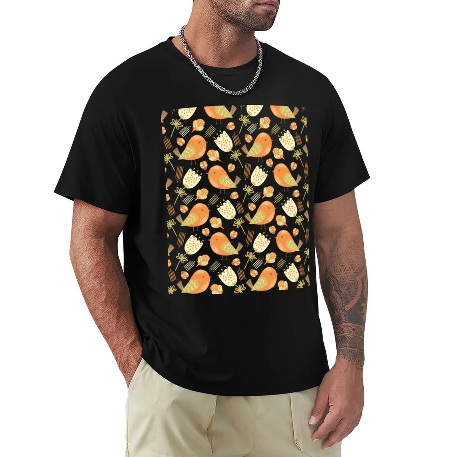 Orange Birds and Ladybugs with Yellow Flowers Pattern T-shirt plain korean fashion quick drying mens vintage t shirts