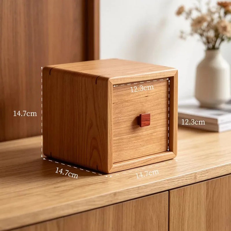 Mini Solid Cherry Wood Desktop Storage Box with Drawer Red Hardwood Handle Small Wooden Desk Organizer
