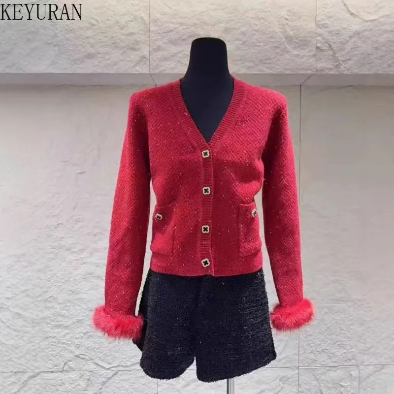 Elegancki czerwony kardigan damski na jesień i zimę, moda koreańska, krótki sweter z imitacji futra, patchworkowy czerwony płaszcz swetrowy, dzianina, dopasowany sweter.