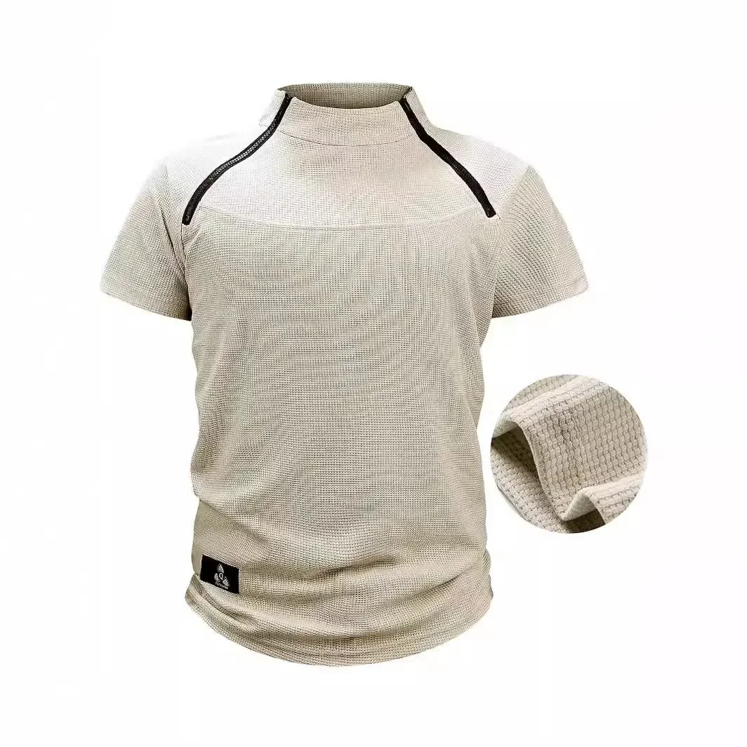 

Europe and The United States Summer Men's T-shirt Waffle Outdoor Tactical Loose Lapel Short-sleeved Sweatshirt Trend