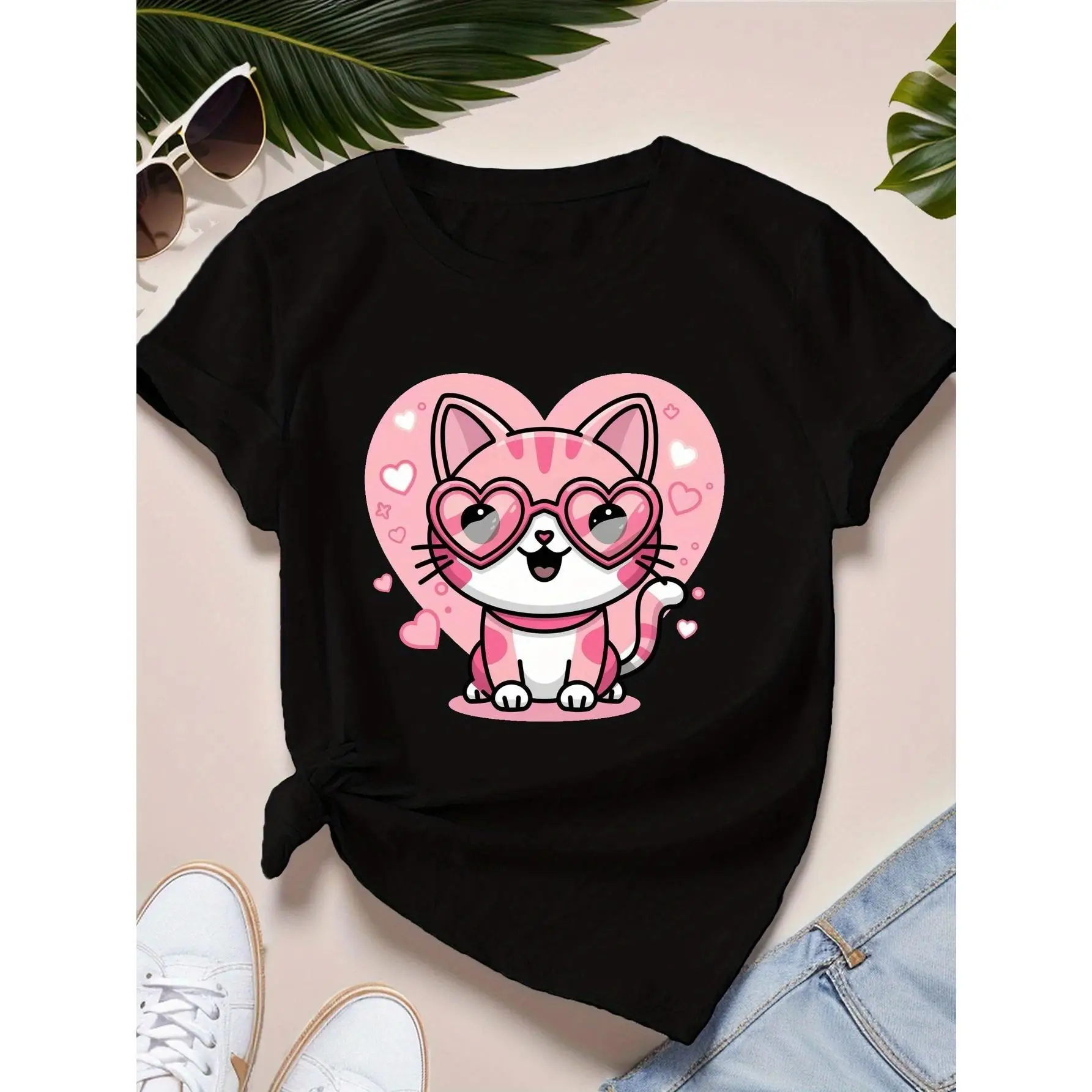 

Women's Cute Love Cat T-Shirt | Heart Shaped Glasses Kitty Graphic Tee | Pink Pet Lover Valentine's Day Gift Top