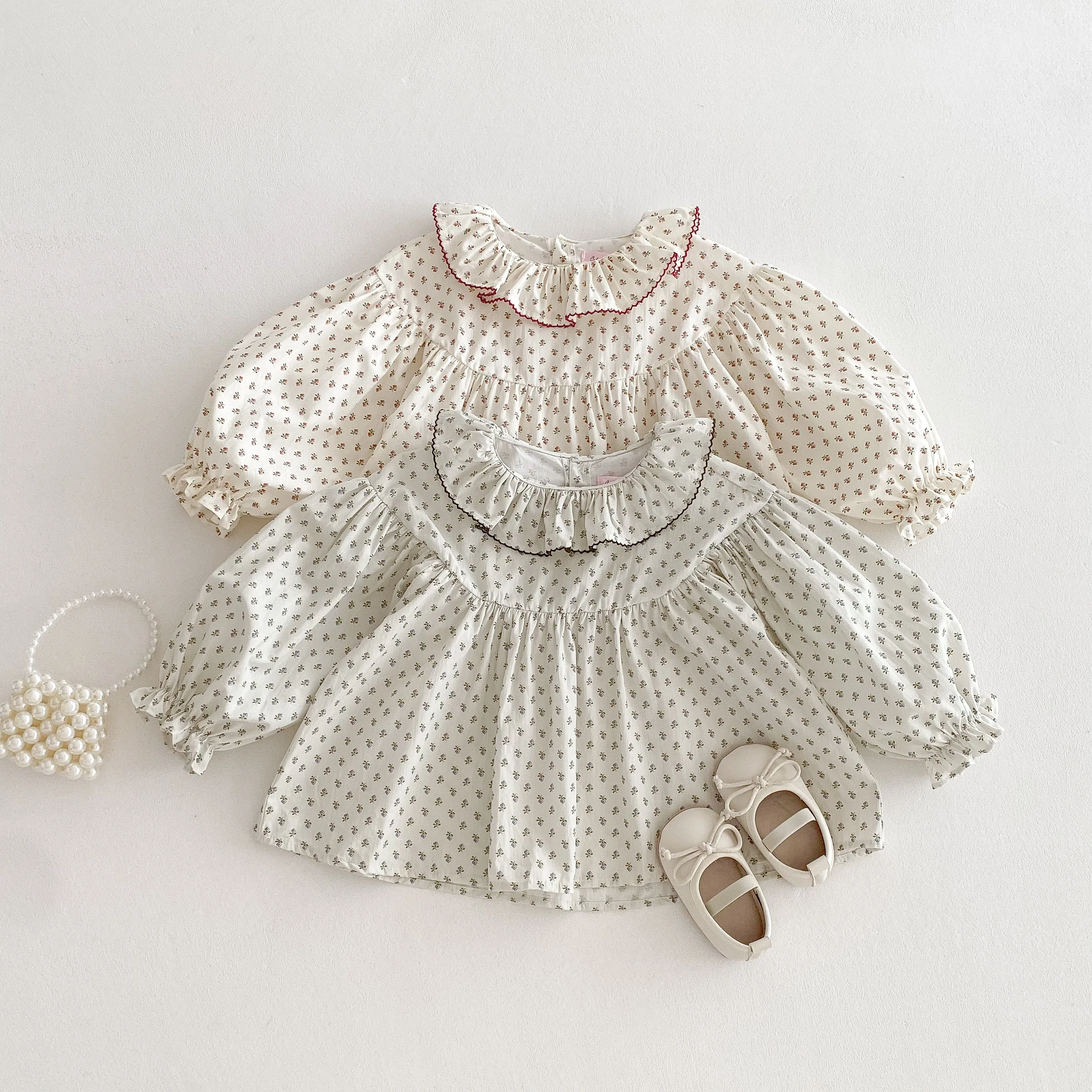Little Girls Floral Shirt Toddler Lace Collar Lantern Sleeve Cotton Blouse Breathable Spring Fall Children Outfit Baby Girls Top