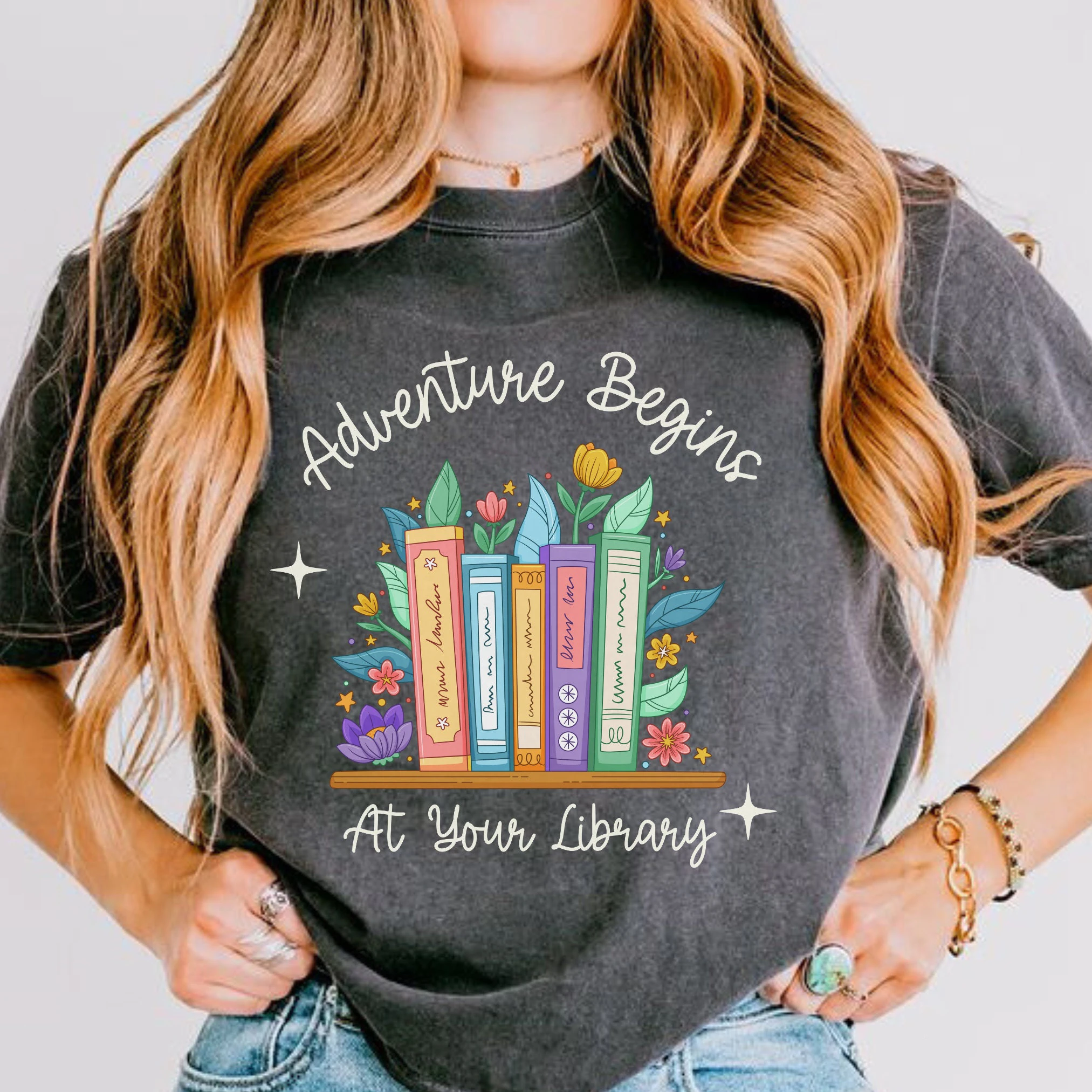 Adventure Begins At Your Library Funny Slogan Women Shirt Cute Cartoon Books Print Female T-shrit Trend School Casual Girl Tee