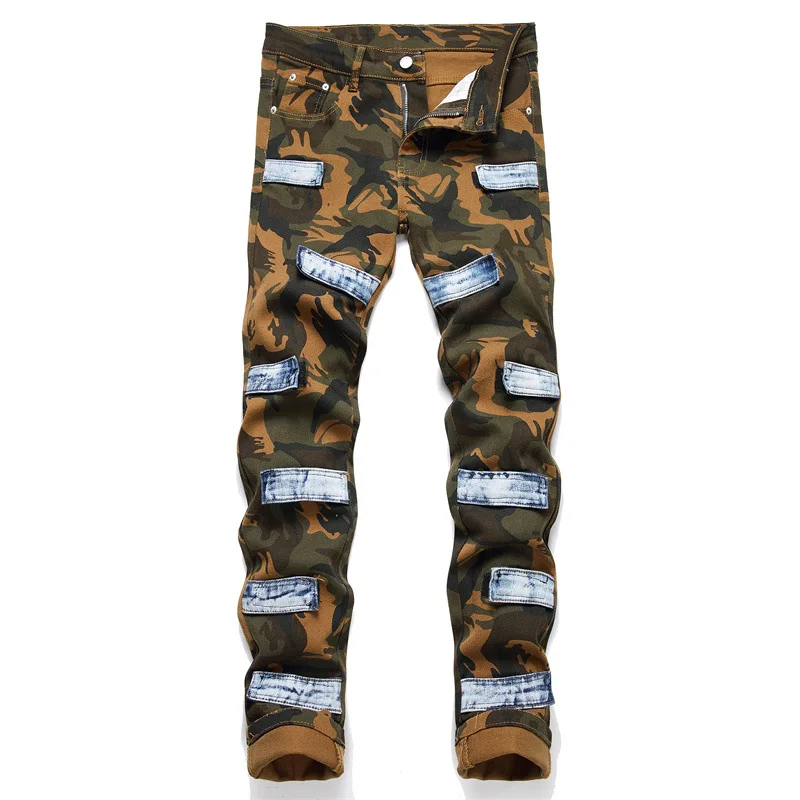 

Camouflage Straight Slim Elastic Jeans Men Zipper Patch Streetwear Punk Style Denim Pants Pantalones Hombre Y2K Clothing