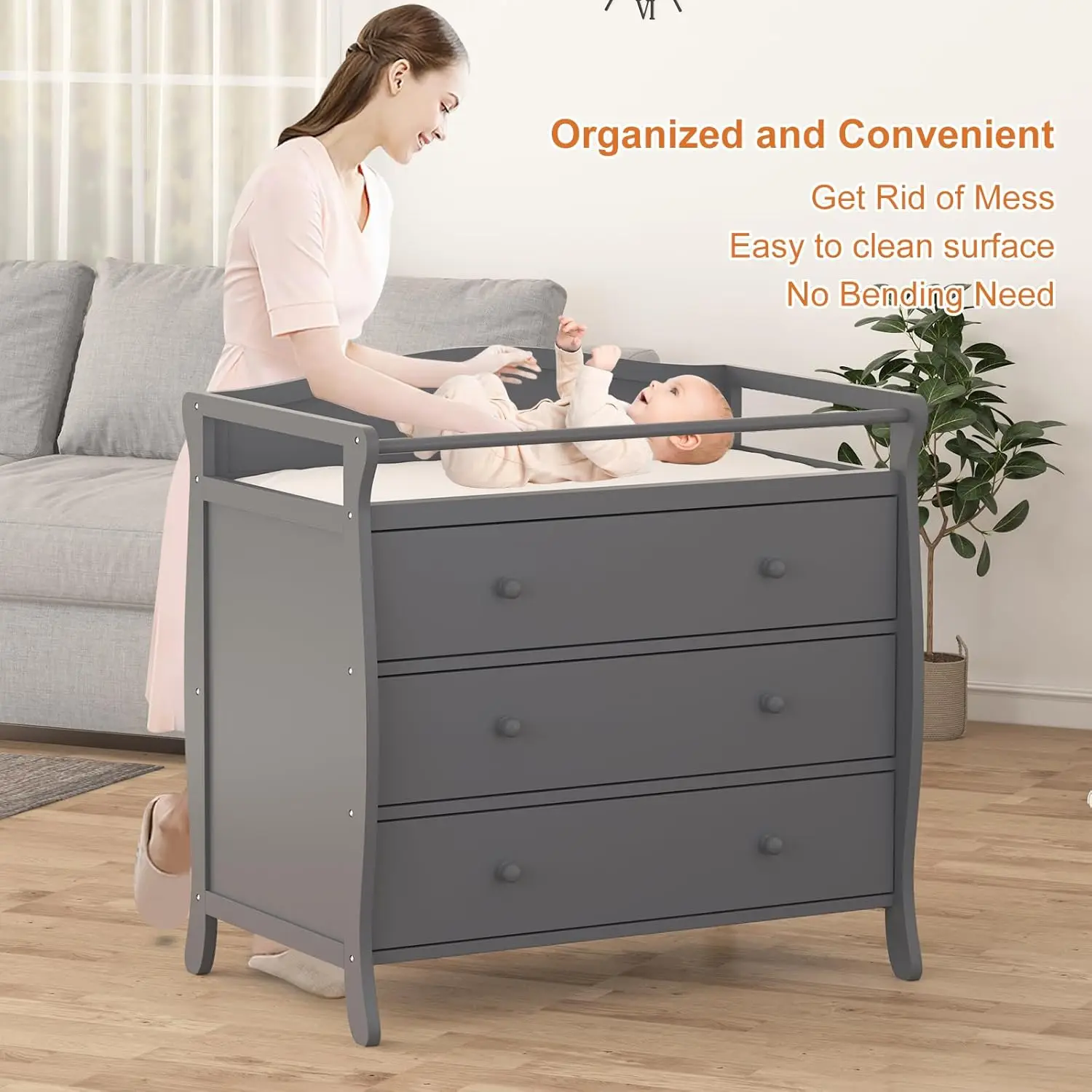3 Drawers Baby Changing Table Wooden Diaper Changing Station With Safety Belt & Rails Toddler Dresser For Nursery Bedroom