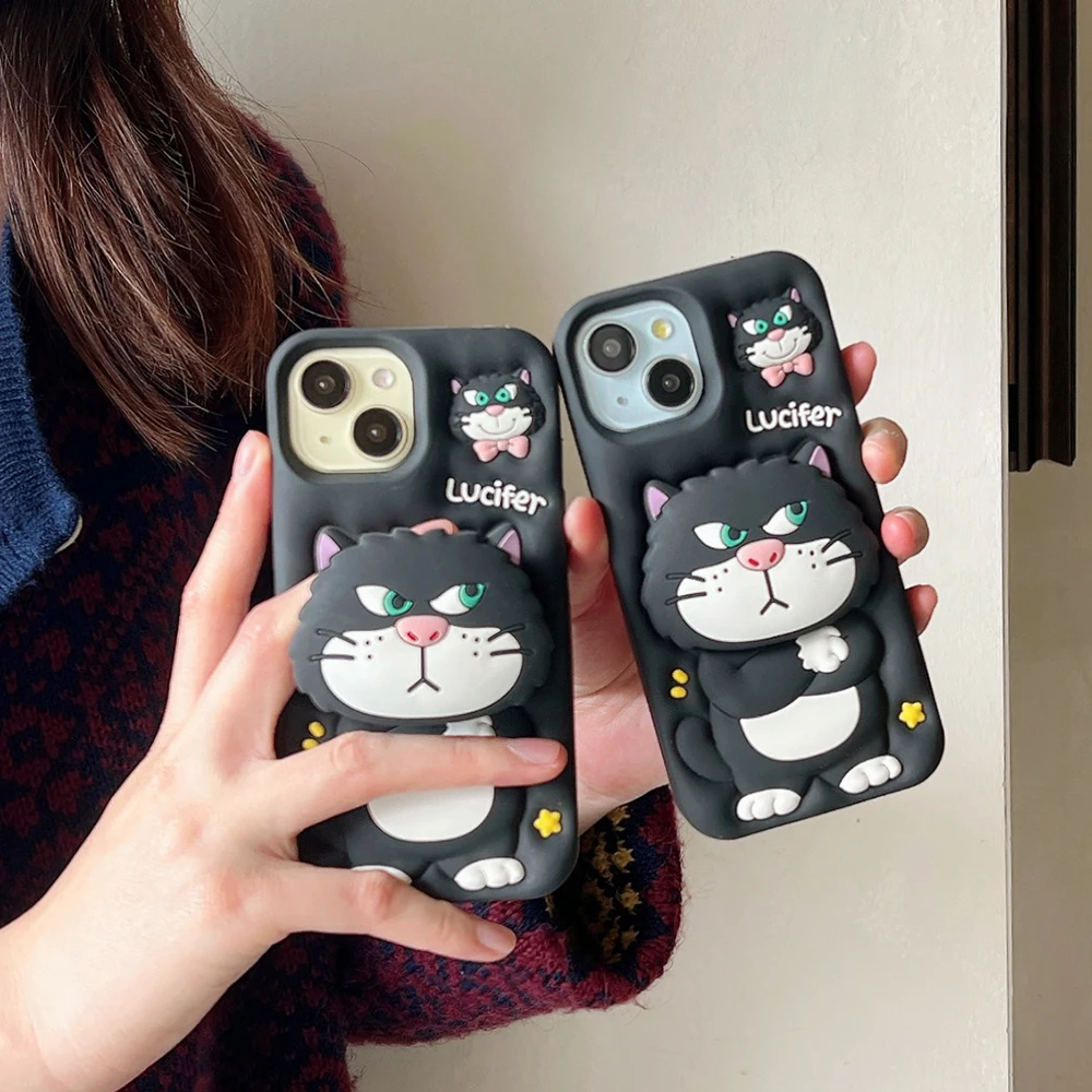 Cute 3D Cartoon Lucifer Cat Case Soft Silicone Cover With Stand Holder For iPhone 16 15 14 Plus 13 12 Pro Max