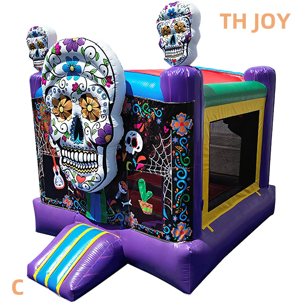 Livraison aérienne rapide à porte, nouvelle maison de rebond gonflable d'halloween 2025, maison de cavalier de tête de crâne personnalisée pour enfants