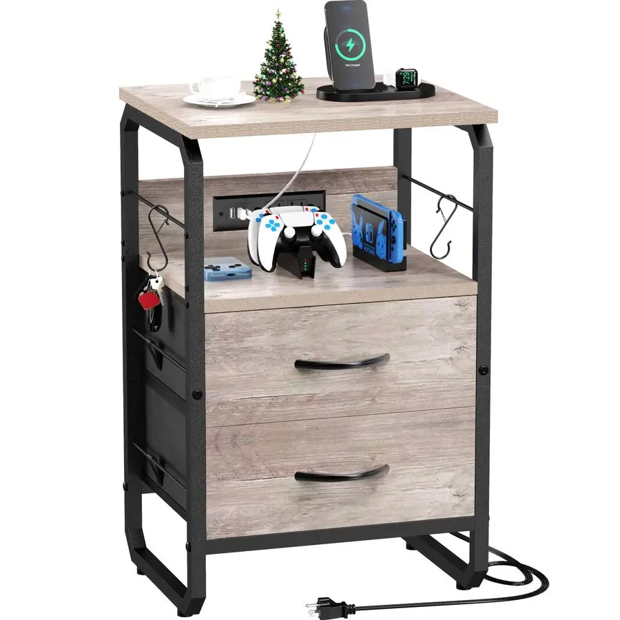 

с ящиками, прикроватная тумбочка для хранения с портом типа C, небольшой приставной столик с крючками, деревянный металлический торцевой столик для Livin