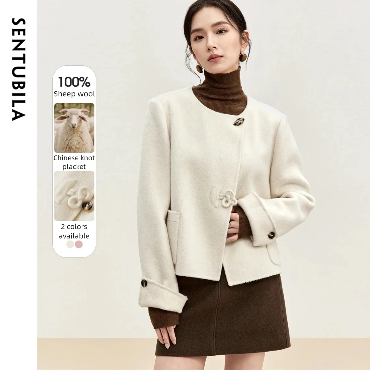 

SENUBILA Women Wool Coats 2025 Winter New Chinese Knot Front Closure Jackets Warm Women's Clothing Solid O-neck Tops W54OD3307X
