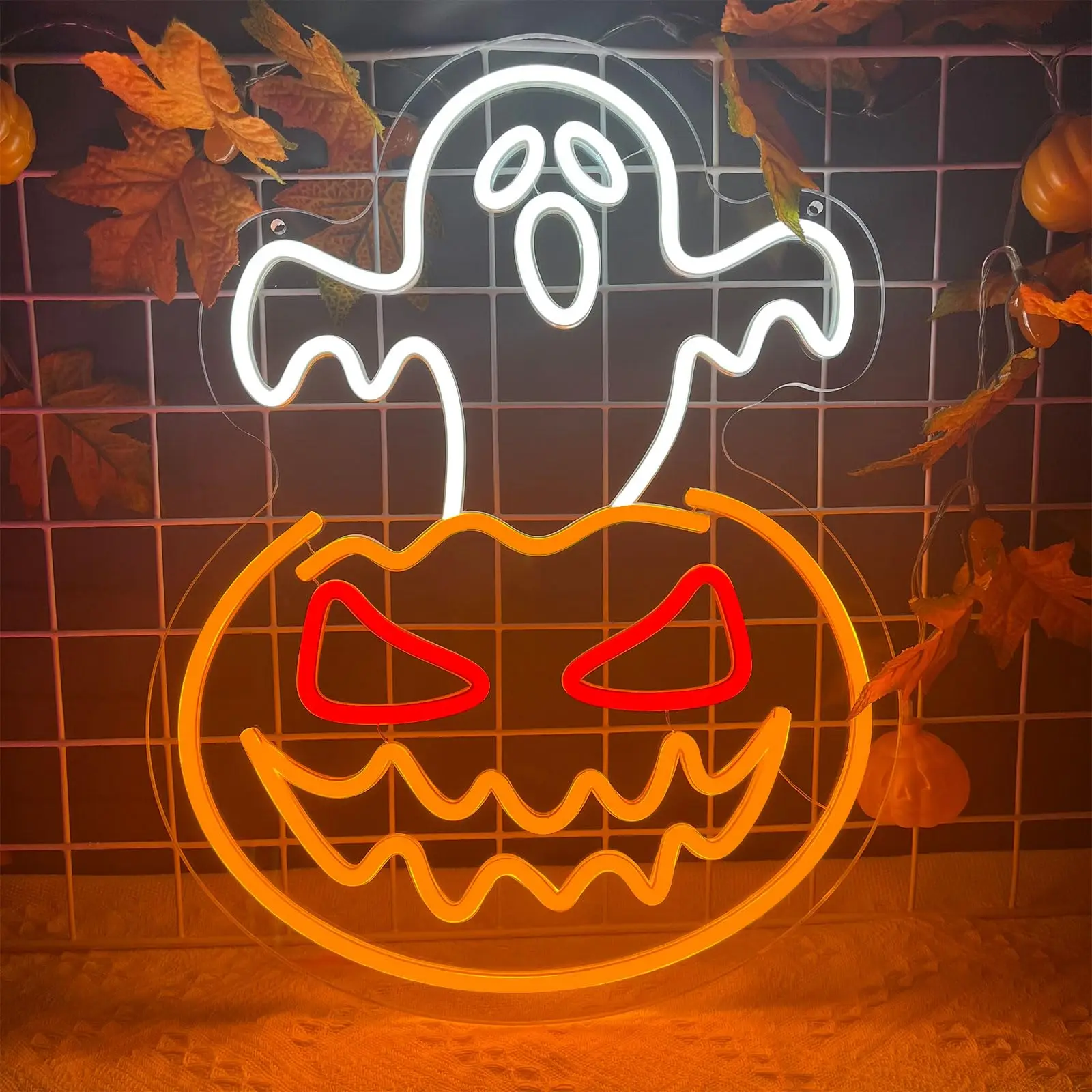 Insegna al neon zucca fantasma di Halloween Luce al neon faccia fantasma Zucca spettrale Insegne luminose al neon LED dimmerabili Insegna a LED con teschio di Halloween