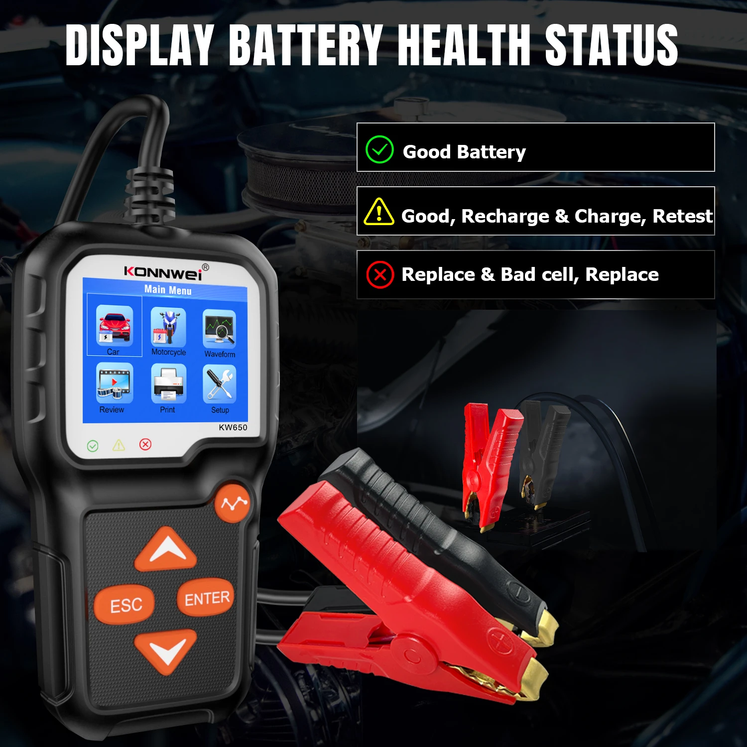 KONNWEI KW650 جهاز اختبار بطارية السيارة 6 فولت 12 فولت دراجة نارية السيارات السيارات محلل 100 إلى 2000 CCA سيارة موتو التحريك شحن أداة اختبار #3