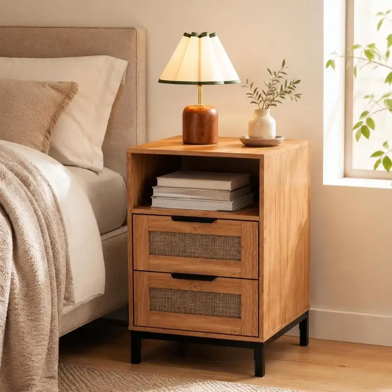 Table de Chevet 6 cm en Rotin PE avec Tiroirs et Compartiment Ouvert, Structure Métallique pour Chambre, Salon, Style Bohème, Rangement Maison, Maison Moderne, Petit Espace Intérieur, Design Scandinave, Appartement