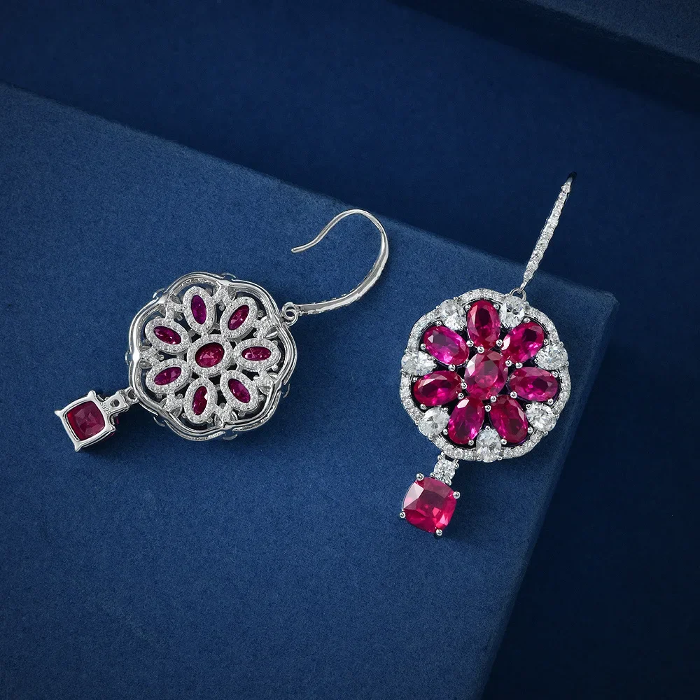 

HOT SALE S925 Silver Rich and Precious Flower Design 1 Carat Fat Square Cultivated Ruby 6 * 6 Earrings Wedding Jewelry