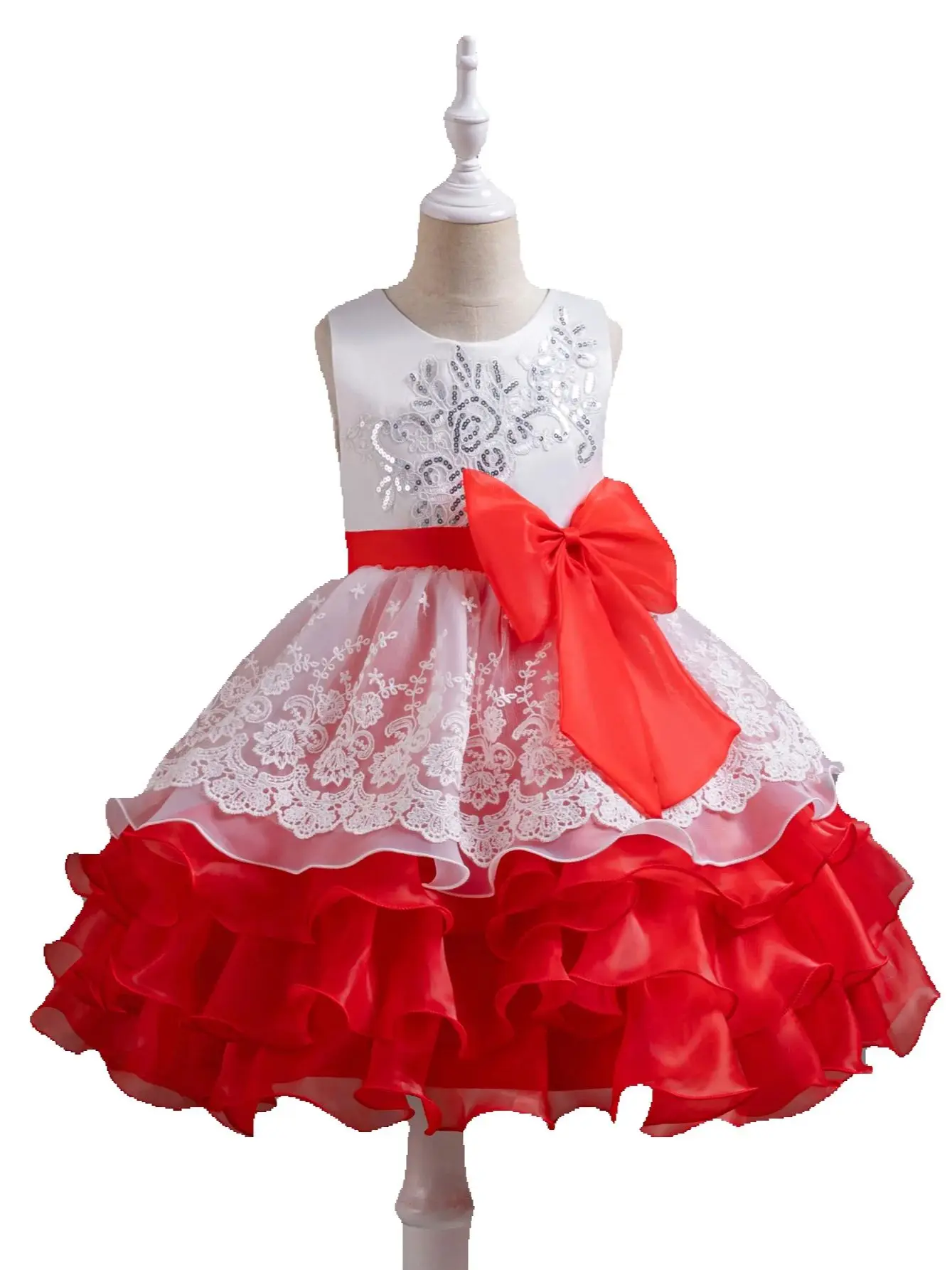 

Red Girl's Sleeveless Lace Princess Evening Dress For 3y to 12Y Children's Bow Cake Dress Fluffy Mesh Dress